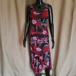Floral Asymmetric Pink Red Black Sleeveless Dress